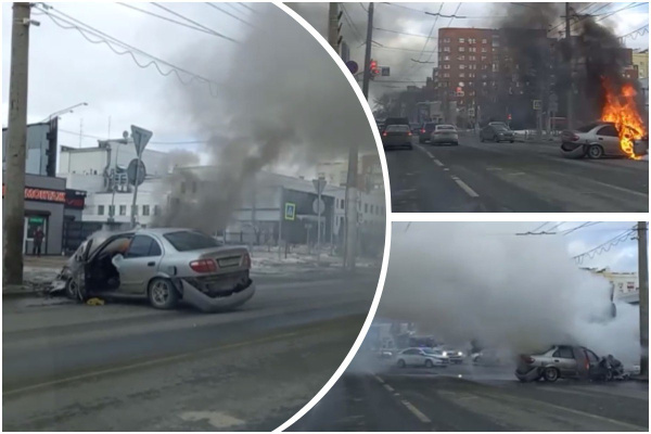 В Самаре 8 марта на Луначарского машина увернулась от собаки, въехала в столб и загорелась