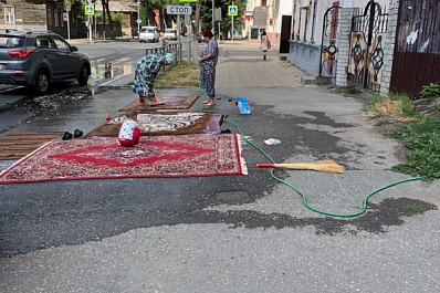 В центре Самары женщины устроили стирку ковров на асфальте