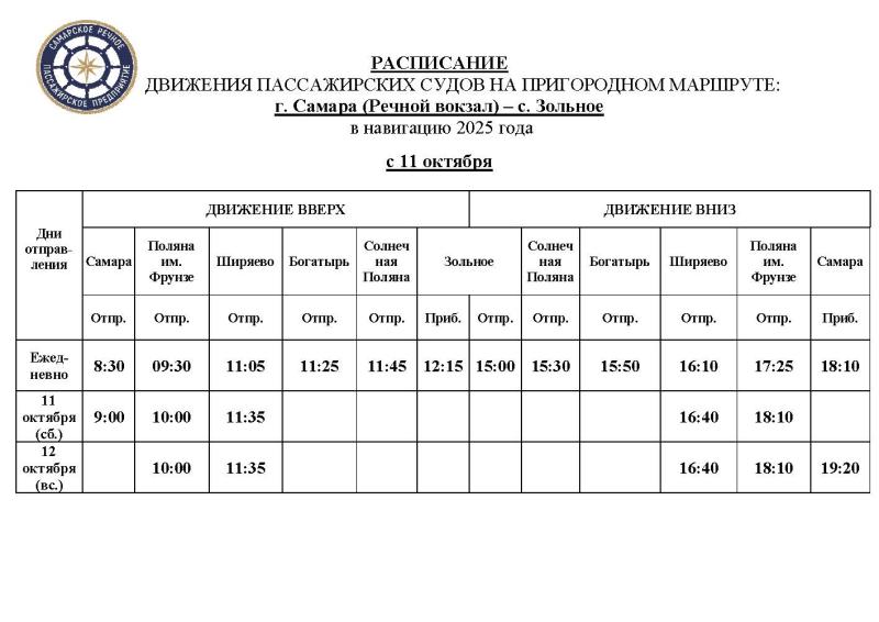 С 11 октября в Самарской области изменят расписание движения судов до Зольного