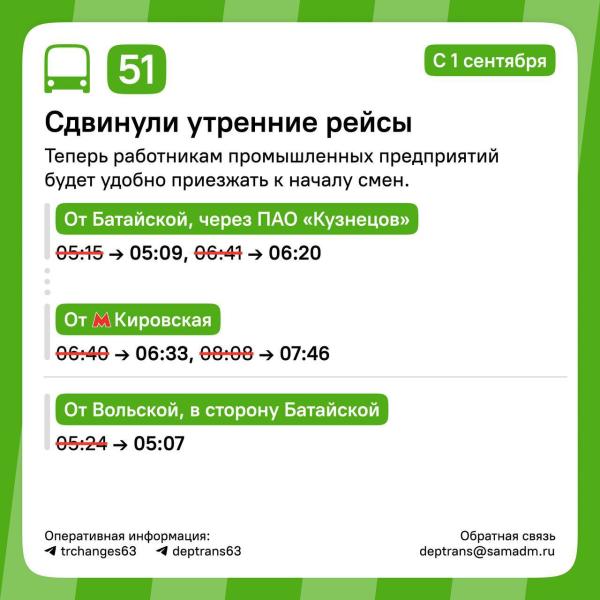 В Самаре автобусы № 17, 26, 51 и 76 пойдут по новому расписанию с 1 сентября